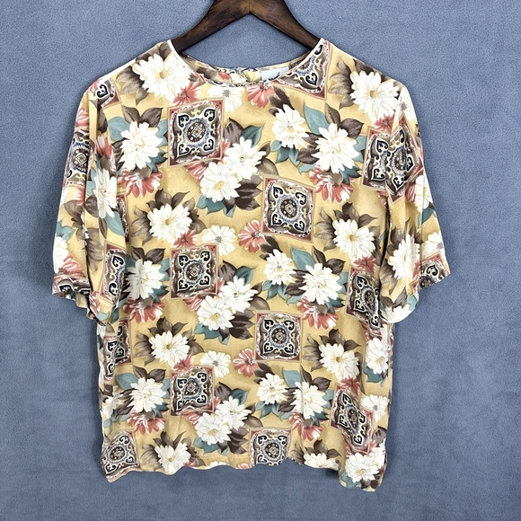 Vintage 90s Jacqueline Ferrar Blouse Women L Floral Tile Print Boho Cottagecore - Picture 1 of 5